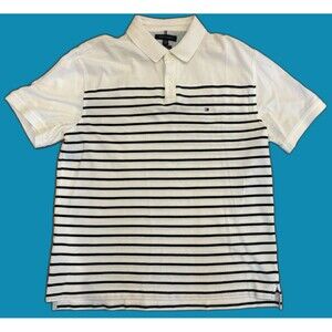 Tommy Hilfiger Golf Shirt Mens 2XL Blue White Stiped Polo Rugby Short Sleeve EUC